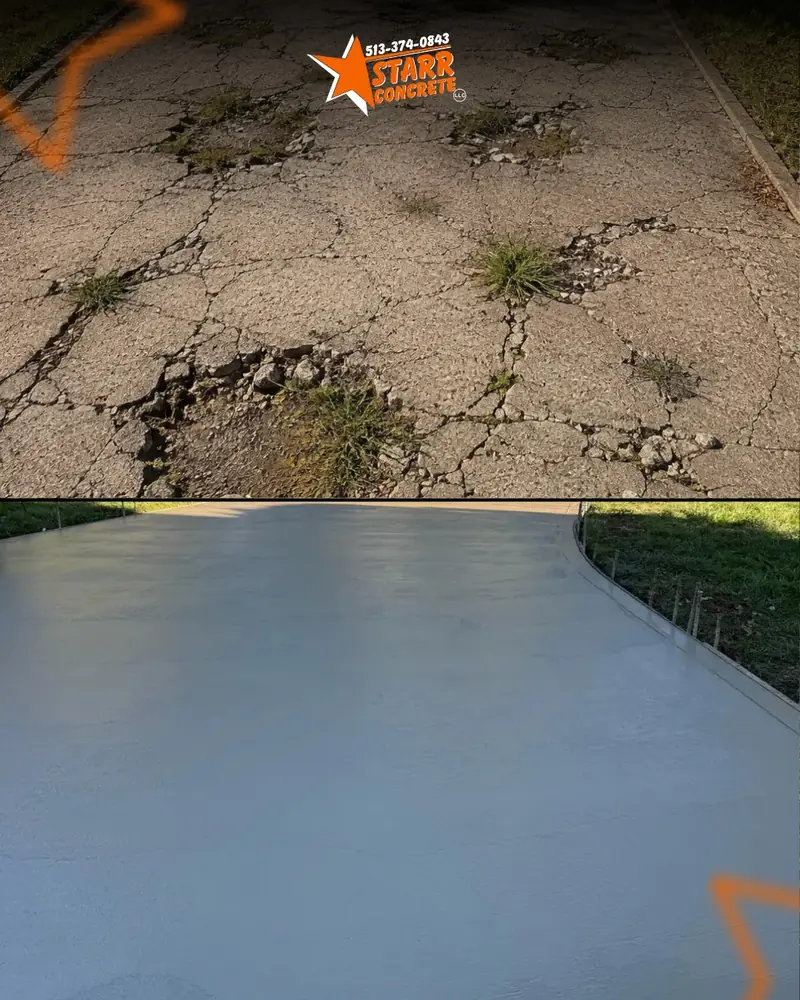 Broken concrete with weeds before, smooth new slab after