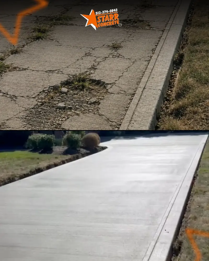 Cracked walkway before and new concrete walkway after