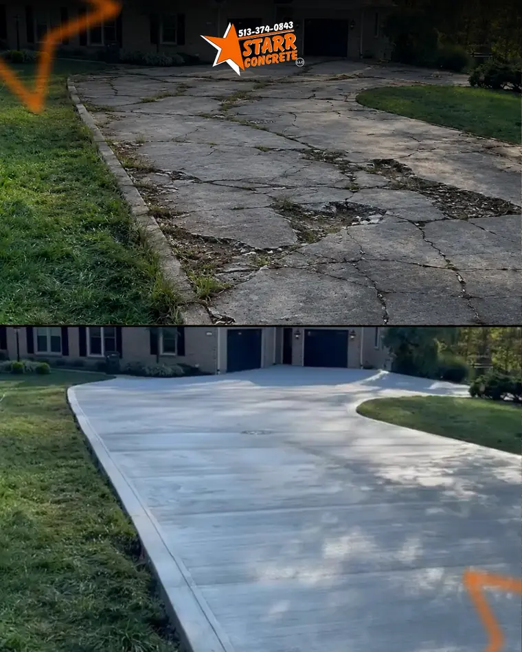 Cracked driveway before replacement and the finished concrete driveway after