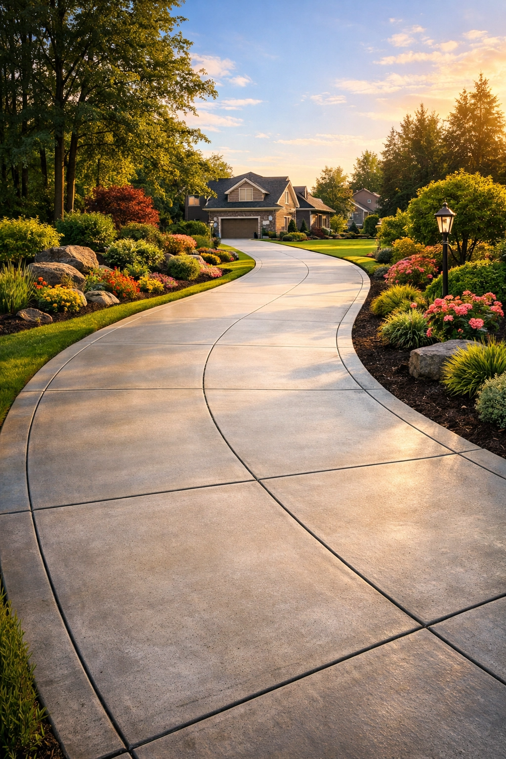 Curved driveway with landscaping at sunset